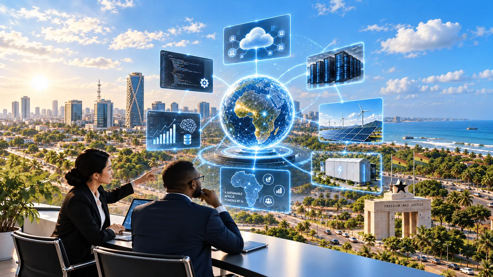 Two professionals overlooking Accra with AI, software and renewable energy graphics.